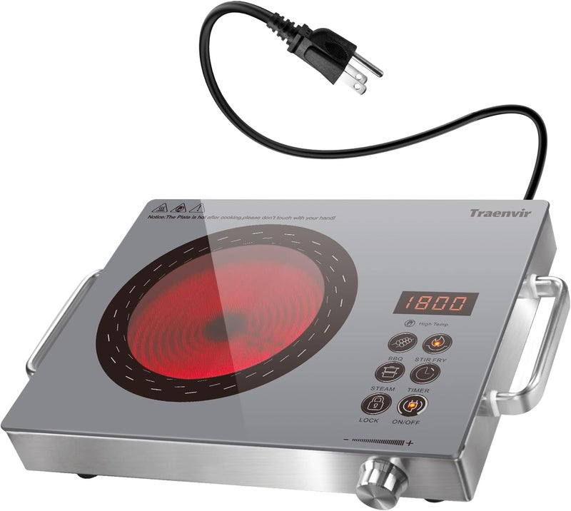 Traenvir Single Burner Electric Cooktop, Protable Electric Stove with Handle, Countertop Ceramic Stove top for Camping, Home, RVs, Child Lock, Timer, Steam, BBQ, Stir Fry,110V - 120V Plug in, Grey - Image 1